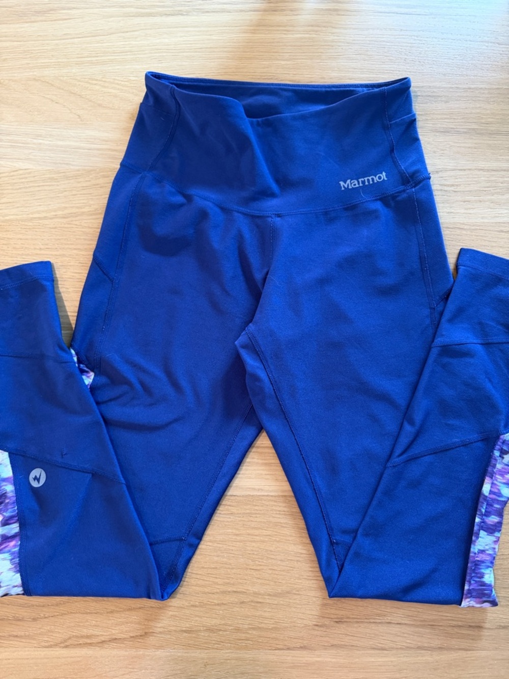 Marmot Deep Blue Women's Performance Leggings with Purple Pattern Trim